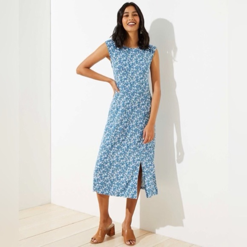 LOFT Blue Floral Cap Sleeve MIDI dress Small EUC